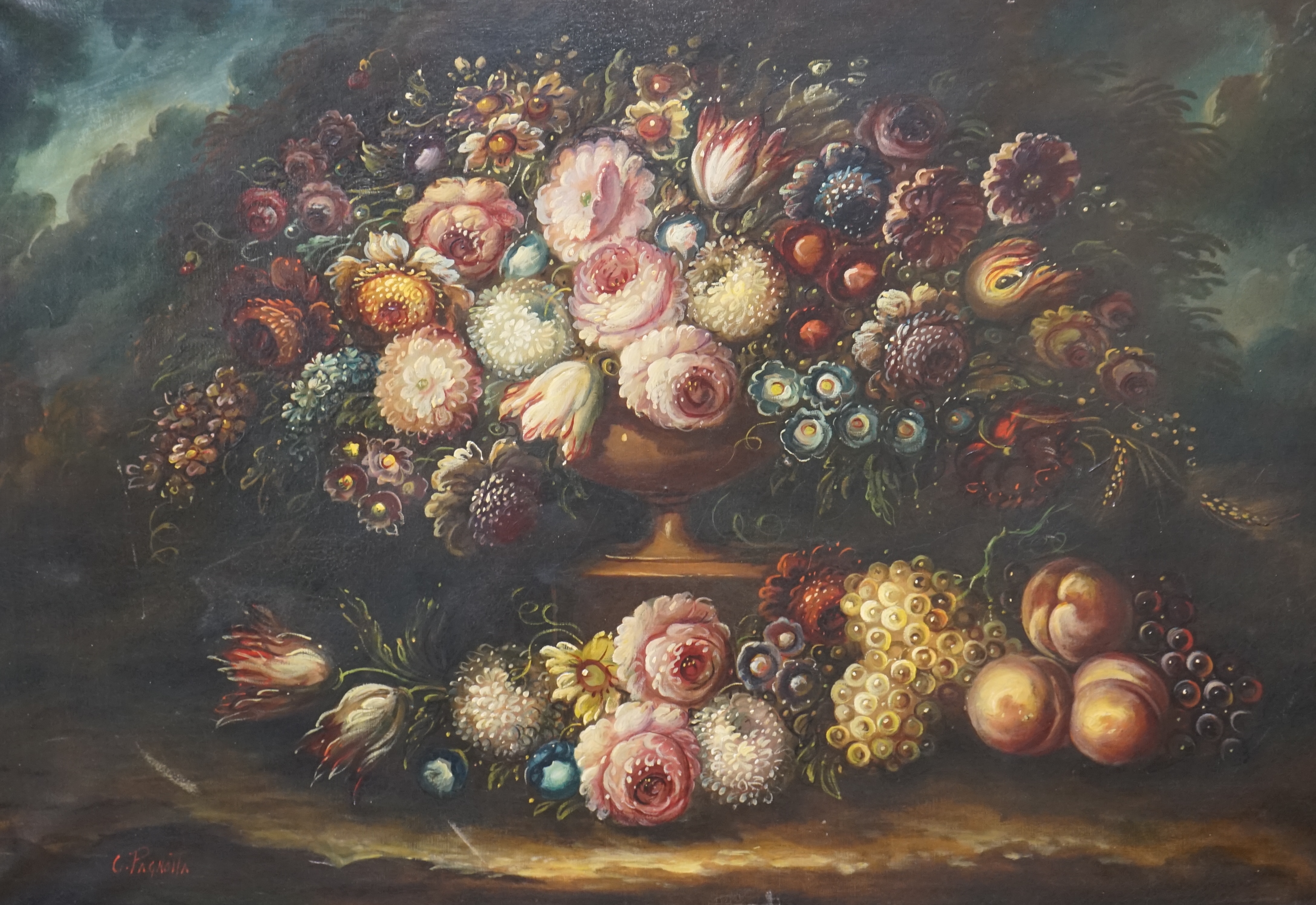 Giuseppe Pagnotta (Italian, b.1941), old master style, oil on canvas, Still life of flowers, signed, 69 x 99cm. Condition - fair, canvas sagging slightly